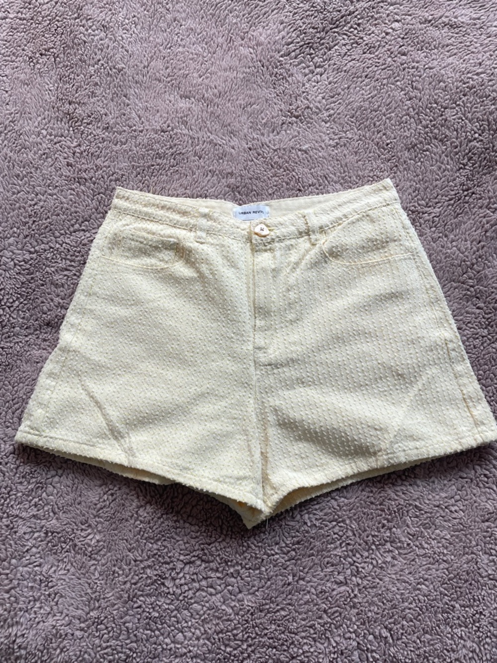 Mid-Waist Cream Yellow Textured Shorts by Urban Revivo